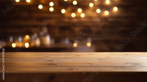 Empty wooden table top with out of focus lights bokeh rustic farmhouse kitchen background, ai 