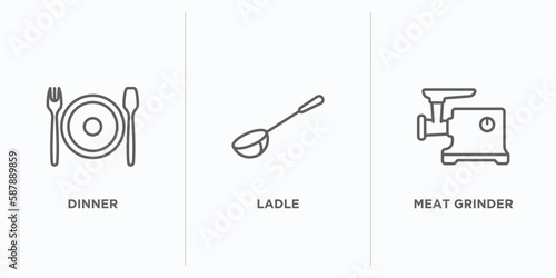 kitchen outline icons set. thin line icons such as dinner, ladle, meat grinder vector. linear icon sheet can be used web and mobile