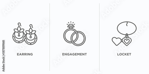 jewelry outline icons set. thin line icons such as earring, engagement, locket vector. linear icon sheet can be used web and mobile