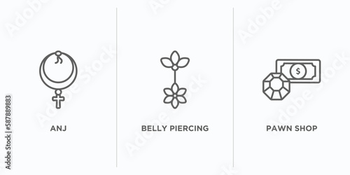 jewelry outline icons set. thin line icons such as anj, belly piercing, pawn shop vector. linear icon sheet can be used web and mobile