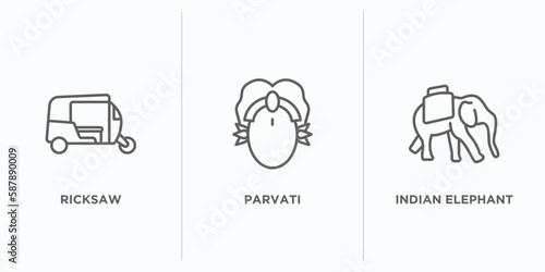 india outline icons set. thin line icons such as ricksaw, parvati, indian elephant vector. linear icon sheet can be used web and mobile