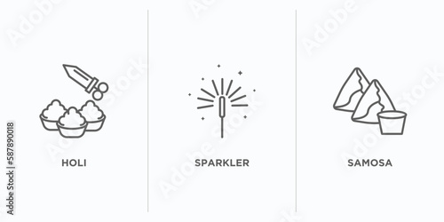 india and holi outline icons set. thin line icons such as holi, sparkler, samosa vector. linear icon sheet can be used web and mobile