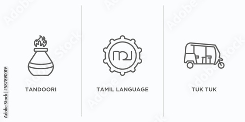 india outline icons set. thin line icons such as tandoori, tamil language, tuk tuk vector. linear icon sheet can be used web and mobile