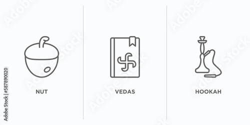 india outline icons set. thin line icons such as nut, vedas, hookah vector. linear icon sheet can be used web and mobile