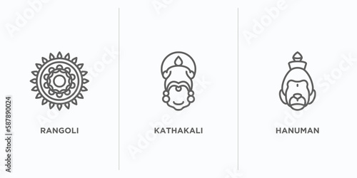 india outline icons set. thin line icons such as rangoli, kathakali, hanuman vector. linear icon sheet can be used web and mobile
