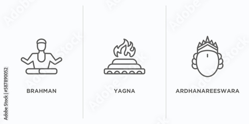 india outline icons set. thin line icons such as brahman, yagna, ardhanareeswara vector. linear icon sheet can be used web and mobile