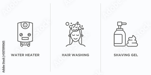 hygiene outline icons set. thin line icons such as water heater, hair washing, shaving gel vector. linear icon sheet can be used web and mobile