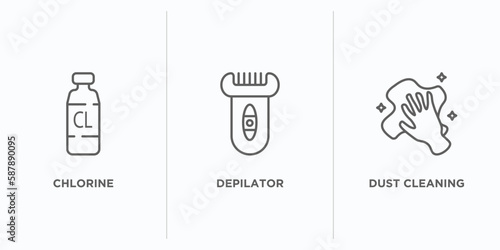 hygiene outline icons set. thin line icons such as chlorine, depilator, dust cleaning vector. linear icon sheet can be used web and mobile