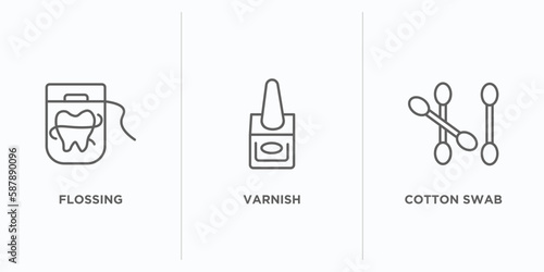 hygiene outline icons set. thin line icons such as flossing, varnish, cotton swab vector. linear icon sheet can be used web and mobile