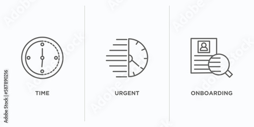 human resources outline icons set. thin line icons such as time, urgent, onboarding vector. linear icon sheet can be used web and mobile