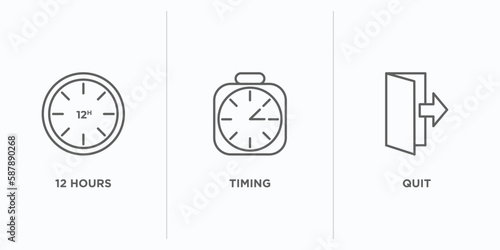 human resources outline icons set. thin line icons such as 12 hours, timing, quit vector. linear icon sheet can be used web and mobile