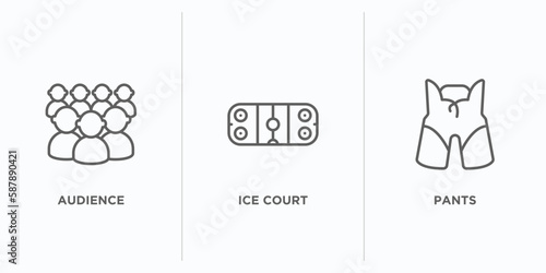 hockey outline icons set. thin line icons such as audience, ice court, pants vector. linear icon sheet can be used web and mobile