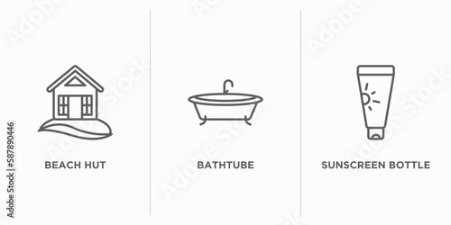 holidays outline icons set. thin line icons such as beach hut, bathtube, sunscreen bottle vector. linear icon sheet can be used web and mobile