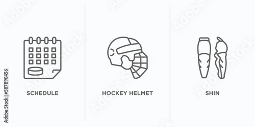 hockey outline icons set. thin line icons such as schedule, hockey helmet, shin vector. linear icon sheet can be used web and mobile