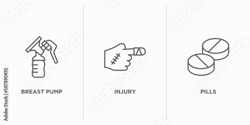 health and medical outline icons set. thin line icons such as breast pump, injury, pills vector. linear icon sheet can be used web and mobile