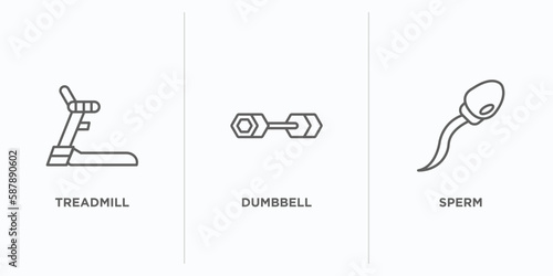 health and medical outline icons set. thin line icons such as treadmill, dumbbell, sperm vector. linear icon sheet can be used web and mobile