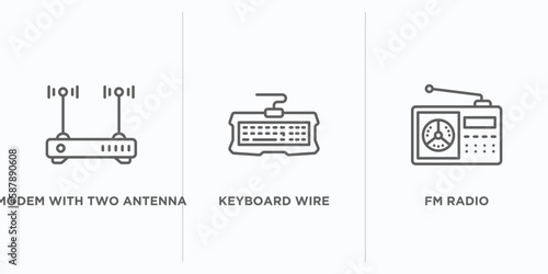 hardware outline icons set. thin line icons such as modem with two antenna, keyboard wire, fm radio vector. linear icon sheet can be used web and mobile