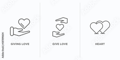 hands and gestures outline icons set. thin line icons such as giving love, give love, heart vector. linear icon sheet can be used web and mobile
