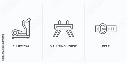 gym equipment outline icons set. thin line icons such as elliptical, vaulting horse, belt vector. linear icon sheet can be used web and mobile