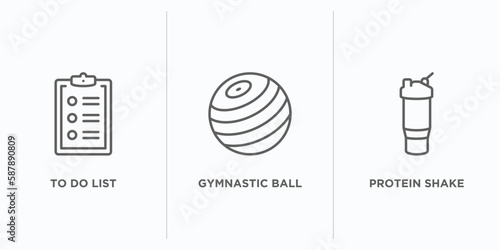 gym and fitness outline icons set. thin line icons such as to do list, gymnastic ball, protein shake vector. linear icon sheet can be used web and mobile