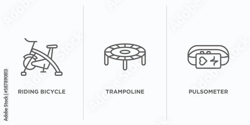 gym and fitness outline icons set. thin line icons such as riding bicycle, trampoline, pulsometer vector. linear icon sheet can be used web and mobile photo