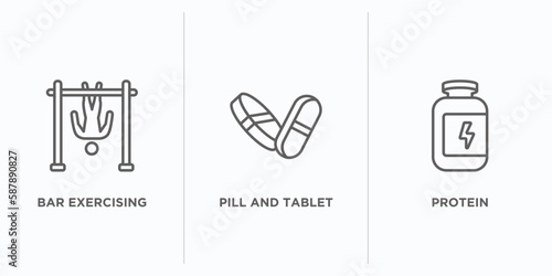 gym and fitness outline icons set. thin line icons such as bar exercising, pill and tablet, protein vector. linear icon sheet can be used web and mobile