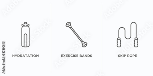 gym and fitness outline icons set. thin line icons such as hydratation, exercise bands, skip rope vector. linear icon sheet can be used web and mobile