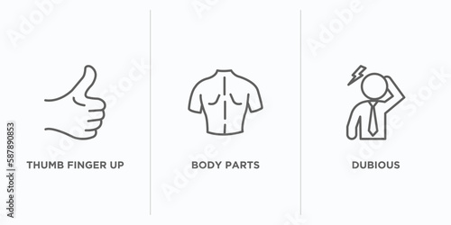 gestures outline icons set. thin line icons such as thumb finger up, body parts, dubious vector. linear icon sheet can be used web and mobile