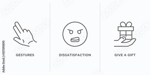gestures outline icons set. thin line icons such as gestures, dissatisfaction, give a gift vector. linear icon sheet can be used web and mobile
