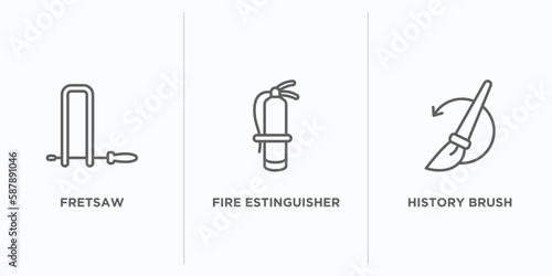general outline icons set. thin line icons such as fretsaw, fire estinguisher, history brush vector. linear icon sheet can be used web and mobile
