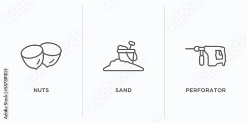 general outline icons set. thin line icons such as nuts, sand, perforator vector. linear icon sheet can be used web and mobile