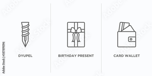 general outline icons set. thin line icons such as dyupel, birthday present, card wallet vector. linear icon sheet can be used web and mobile