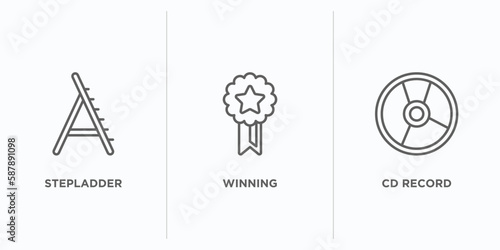 general outline icons set. thin line icons such as stepladder, winning, cd record vector. linear icon sheet can be used web and mobile