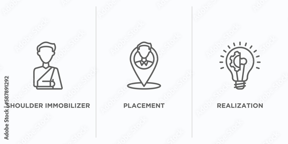 general outline icons set. thin line icons such as shoulder immobilizer, placement, realization vector. linear icon sheet can be used web and mobile