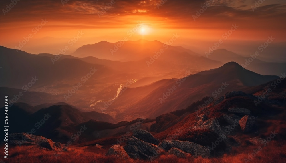 Majestic sunset over tranquil mountain range silhouette generated by AI