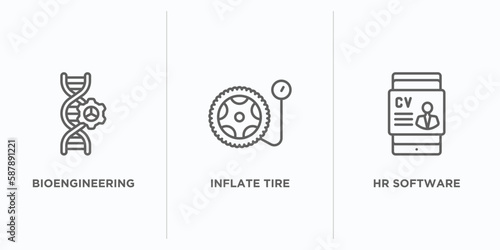 general outline icons set. thin line icons such as bioengineering, inflate tire, hr software vector. linear icon sheet can be used web and mobile