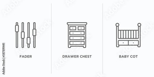 furniture and household outline icons set. thin line icons such as fader, drawer chest, baby cot vector. linear icon sheet can be used web and mobile