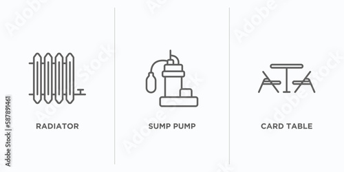 furniture & household outline icons set. thin line icons such as radiator, sump pump, card table vector. linear icon sheet can be used web and mobile