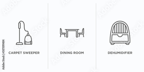 furniture & household outline icons set. thin line icons such as carpet sweeper, dining room, dehumidifier vector. linear icon sheet can be used web and mobile