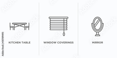 furniture & household outline icons set. thin line icons such as kitchen table, window coverings, mirror vector. linear icon sheet can be used web and mobile