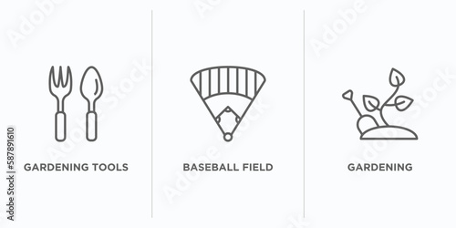 free time outline icons set. thin line icons such as gardening tools, baseball field, gardening vector. linear icon sheet can be used web and mobile