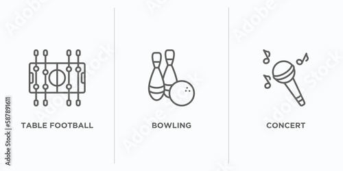 free time outline icons set. thin line icons such as table football, bowling, concert vector. linear icon sheet can be used web and mobile