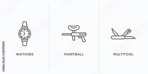 free time outline icons set. thin line icons such as watches, paintball, multitool vector. linear icon sheet can be used web and mobile