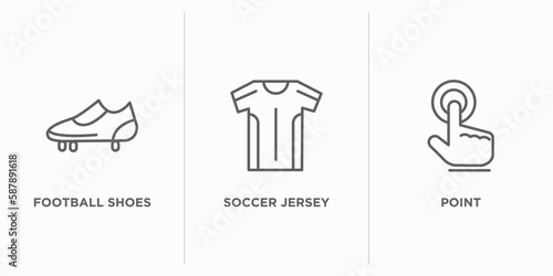 football outline icons set. thin line icons such as football shoes, soccer jersey, point vector. linear icon sheet can be used web and mobile