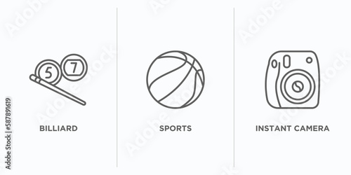 free time outline icons set. thin line icons such as billiard, sports, instant camera vector. linear icon sheet can be used web and mobile