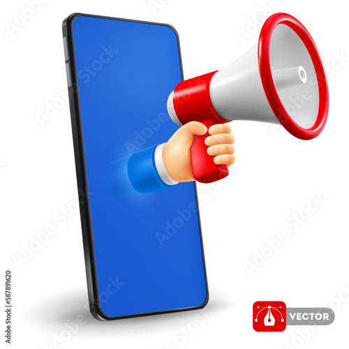 Hand in smartphone holds red and white colored megaphone, isolated on white background. Vector 3d realistic conceptual illustration