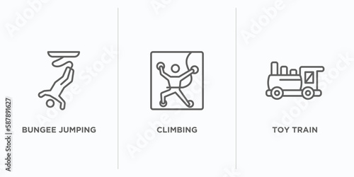 free time outline icons set. thin line icons such as bungee jumping, climbing, toy train vector. linear icon sheet can be used web and mobile
