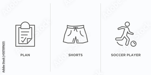 football outline icons set. thin line icons such as plan, shorts, soccer player vector. linear icon sheet can be used web and mobile