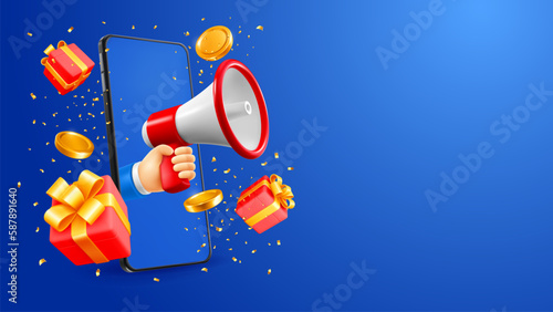 Hand in smartphone holds megaphone, gifts and golden coins fly out from mobile phone screen, on blue background. Conceptual design for advertising of sale, discounts etc. Vector 3d illustration