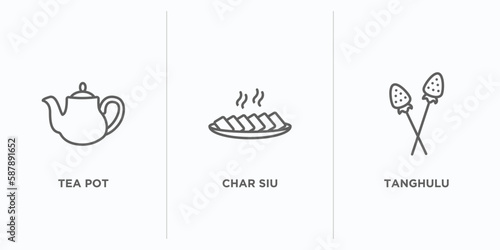 food and restaurant outline icons set. thin line icons such as tea pot, char siu, tanghulu vector. linear icon sheet can be used web and mobile